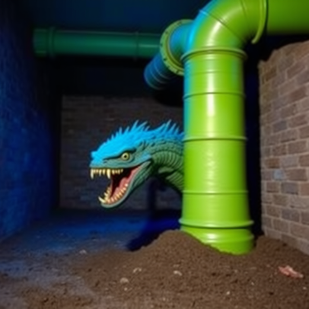 Interior. Underground scene with brick walls and floor. Blue tinted lighting. A large green drain pipe sticks out of the ground. Out of the pipe comes a blue-headed PLANT monster with large teeth. The monster looks like a 1980s movie monster.