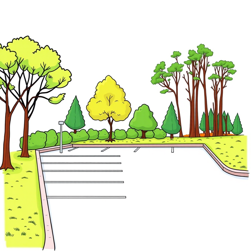 a small parking lot, borders, trees, lawn, wood outskirt on the right, colorful image long establishing shot, 2D, caricature, cartoon, Sketch lines, coloring book, coloring book style on white background, well composed, clean coloring book page, No dither, no gradient, strong outline, No fill, No solids, vector illustration, realistic proportions, left side view