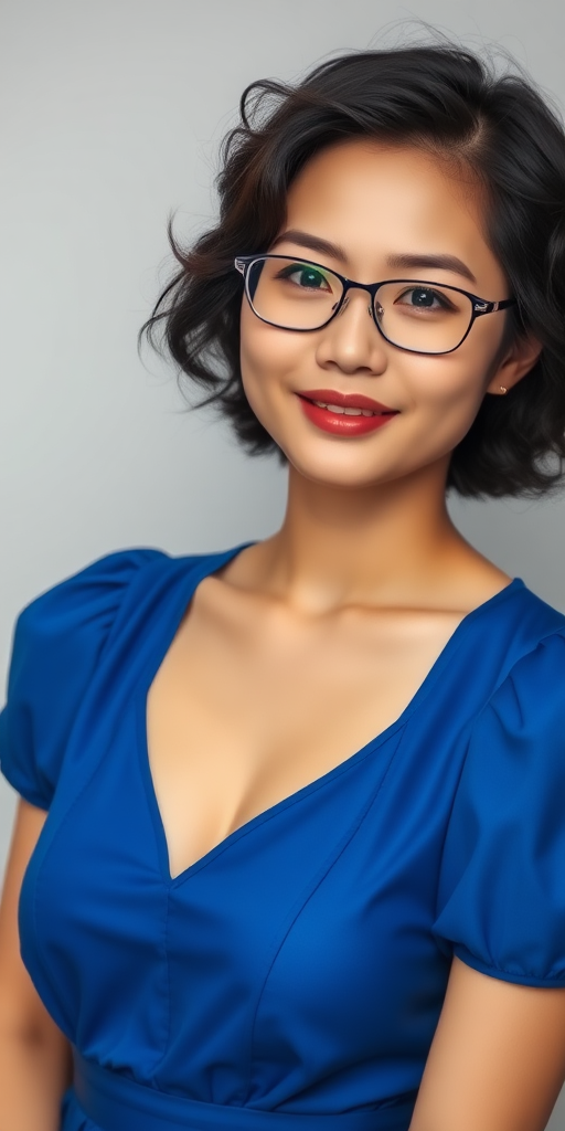 High-definition image quality, a Chinese woman, short hair, curly hair, wearing glasses, small chest, full thighs, full hips, blue dress, black hair, full body shot.