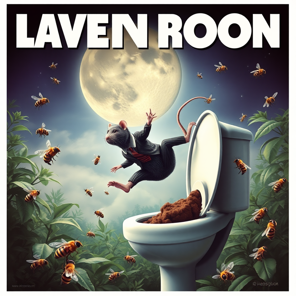 A rat politician diving off the moon into a toilet, bees, 2000s musical movie poster, no text, jungle