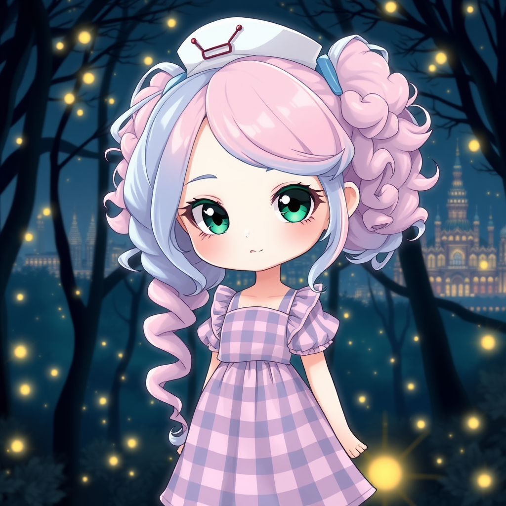 Create a Chibi, detailed image of a 25-year-old woman with very pale, almost translucent skin. Her left eye is a bright green shade, her right eye is a shade of black. Her hair is voluminous and curly tied in two pigtails, but very long until just above her waist. The hair is divided in half with the right side being light pink and the left side being light blue. She has delicate features and her face is strong and cute at the same time. She wears a pink and blue checkered dress. It's in the middle of a dark forest, lit by fireflies that glow softly. In the background, a city with fantastic architecture, giving a magical touch to the scene. The image must be extremely anime, capturing every detail with precision and 8k quality. It looks like a photograph. Extremely Chibi. 25 years old. She wears a small white top hat on her head. Beautiful. Beautiful. Extremely anime. Beautiful appearance.