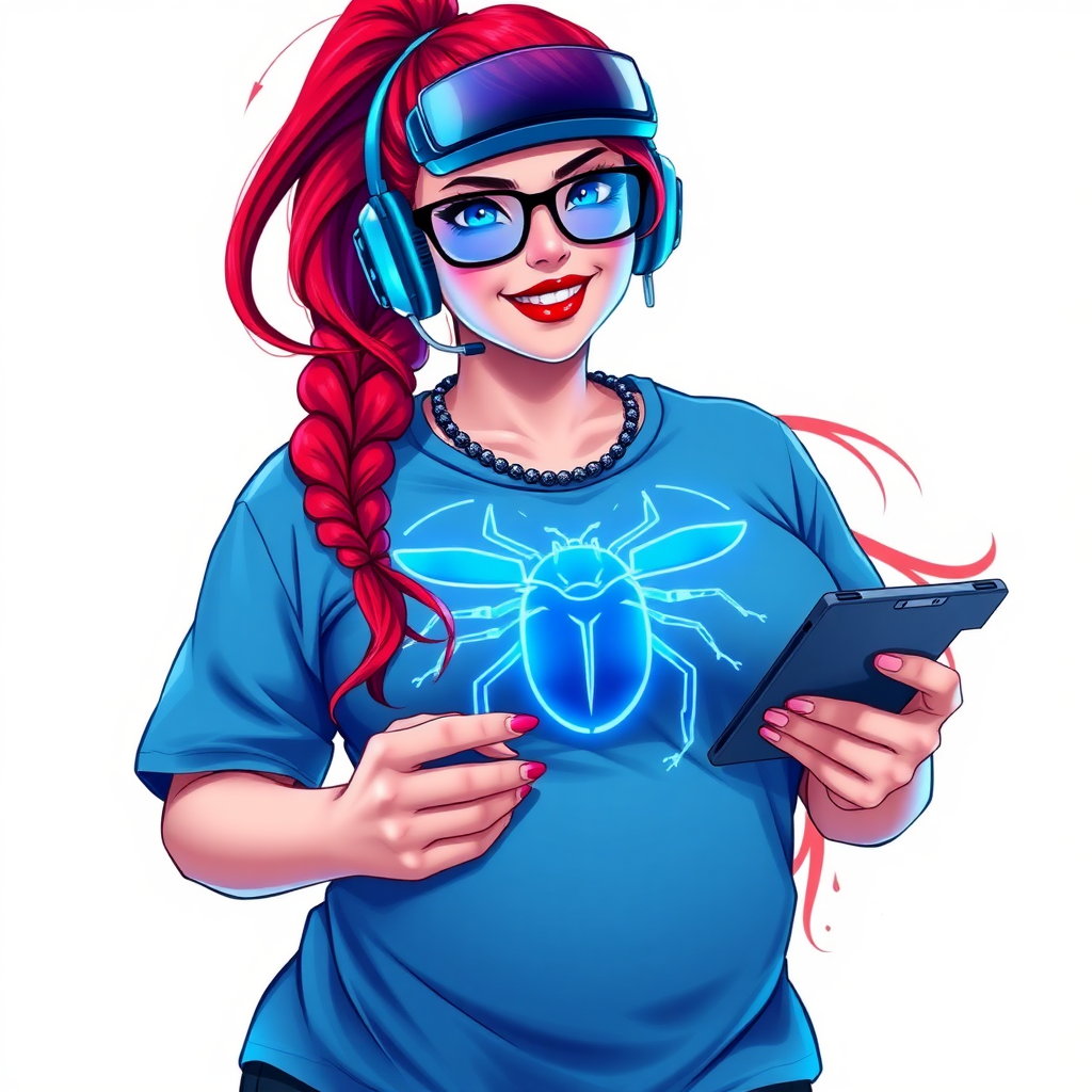 A cyberpunk vigilante’s full-figured intelligent and tech-savvy 29-year-old girlfriend, who is a computer hacker and tech genius. She has a long ruby red ponytail and bright blue eyes. She wears a sapphire beetle gemstone necklace, and an oversized Maximum Blue (RGB 71, 171, 204) t-shirt featuring a giant neon blue glowing icon of a beetle on its chest. She has a full-figured physique with a prominent, gargantuan, round midsection, reflecting her well-cared-for lifestyle. The midsection is heavily emphasized. She sports a sapphire headset with hi-tech Maximum Blue (RGB 71, 171, 204) lensed HUD visor, Maximum Blue (RGB 71, 171, 204) lipstick, black eyeglasses, and a beaming smile with a passionate bright red blush. Despite her figure and a lack of self-esteem, she radiates an air of beauty. She has an angular face which contributes to her radiant beauty. She serves as his tech expert from his hideout, holding a holographic tablet and a hi-tech tool wrench. The background is solid white. She is drawn as if she was in a retro 2D cyberpunk fighting game. Make sure her shirt covers her round midsection.