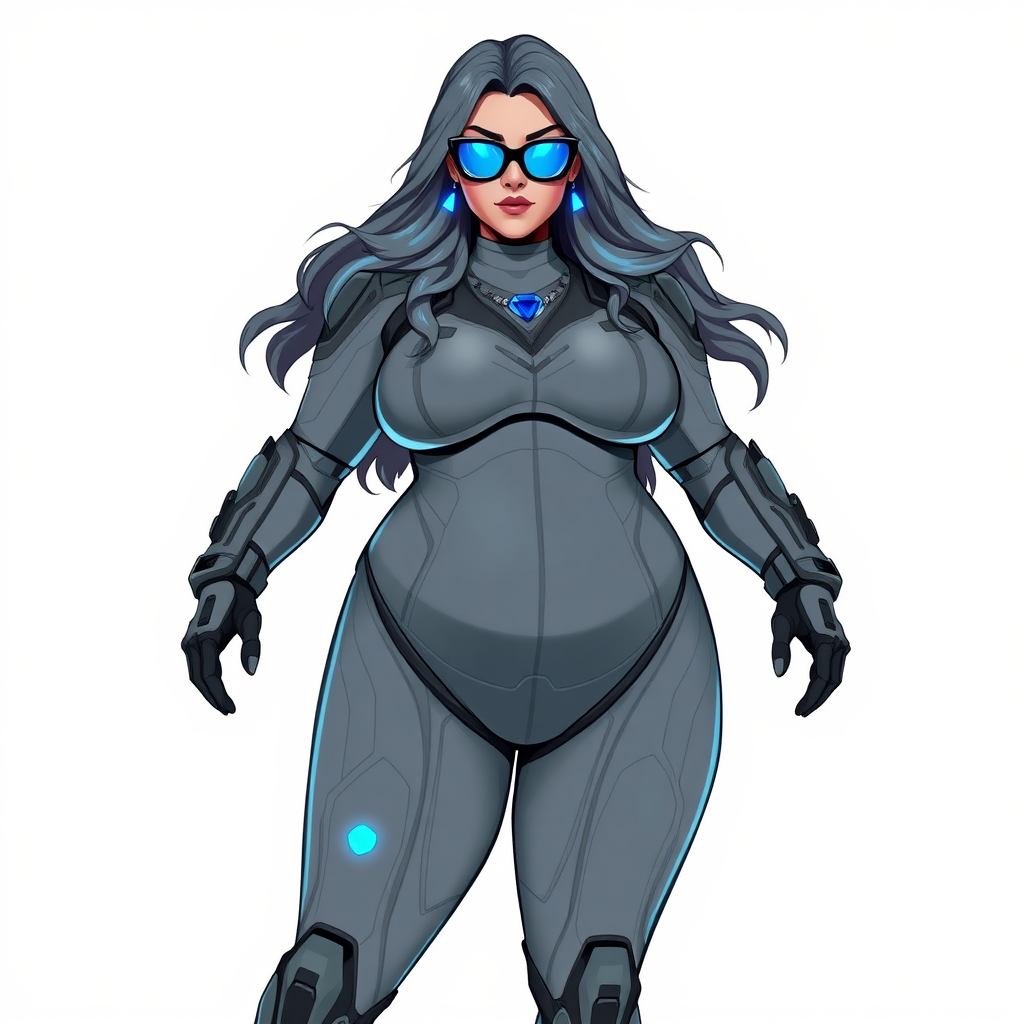 A 29-year-old computer science major, she is the devoted girlfriend of a vigilante and serves as his dotingly pampered, full-figured, nerdy digital sidekick. She is now a Computer Program hybrid, with a unique, metallic Middle Gray (N5) skin color that blends with her suit and hair, appearing to merge together as computer data. Her long hair, suit, and skin are all the same Middle Gray (N5). Her neon blue eyes are mesmerizing. Her full figure, especially her prominent round midsection, shows just how heavily fed and pampered she is, with sequoia-sized limbs and broad shoulders.

As a loyal and supportive sidekick, she plays a crucial role in their missions, using her digital prowess to assist and protect. She wears a blue sapphire scarab necklace and blue sapphire earrings, which she received as symbols of their love before his 5-year disappearance. Her digital and computerized biker suit, also Middle Gray (N5), blends with her skin and hair (appearing to merge together like computer data). She is equipped with high-tech features, including holographic displays and integrated hacking tools. She has matching high-tech gloves. She emits neon blue data cubes from her body, set against a solid white background.

Heavily, attentively, and immensely pampered through being well-fed since their reunion, her full figure clearly shows the extent of care she has received. Despite her digital enhancements, she retains her human vulnerabilities, including hunger and sleep, and is not immune to human weaknesses. She has the ability to hack into computers and machines, and her nerdiness is blatantly obvious with her black oversized eyeglasses. Her full figure, especially her gargantuan midsection, is prominently displayed and heavily emphasized. Her outfit, influenced by DC’s Jennifer Knight Phantom Lady, remains distinct.

Despite her boyfriend’s limited resources, she assists in the war on crime by serving as a minicomputer, traveling in a high-tech wristwatch and supercar’s computer system. Using her hacking abilities, she relays crucial knowledge related to missions. She is drawn as if she was in a retro 2D cyberpunk fighting game.