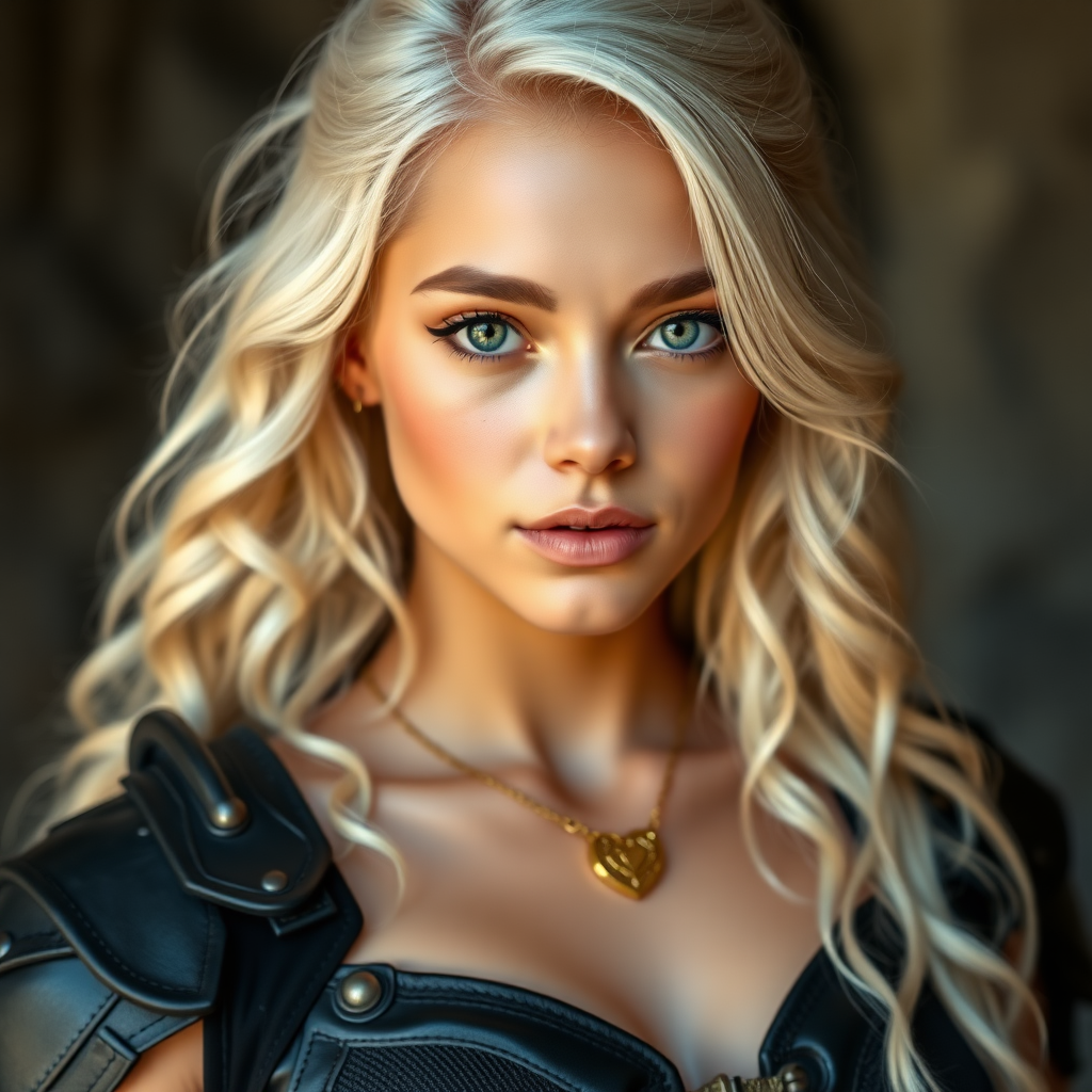 Portrait of a beautiful young woman with long wavy platinum blonde hair, green eyes, a suntan, light brown eyebrows, and large breasts. She is wearing black leather armor and a gold necklace with a small heart pendant.