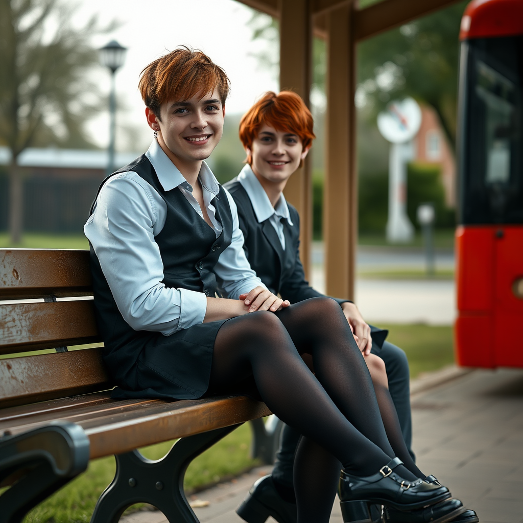 photorealistic, ultra high resolution, 16K, surreal fantasy, soft studio lighting, a pretty 18 year old goth male, slim male physique, auburn hair, goth makeup, earrings, shiny black pantyhose, UK girls-school uniform, Mary-Jane shoes, sitting on his boyfriend's lap on a bench waiting for the school bus, in daylight, excited smile, facing the camera.