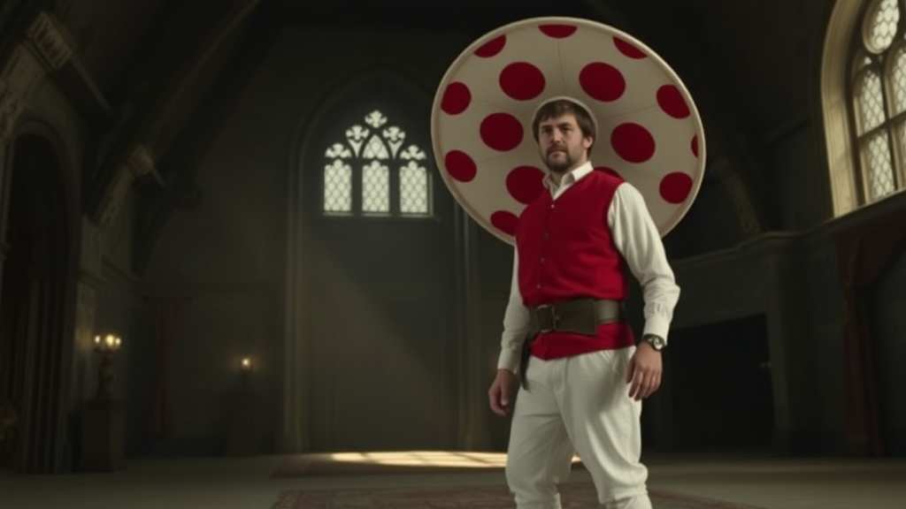 Interior. Dimly lit castle. Peter Dinklage with white pants, red vest, and very large round hat that is white with large red spots.