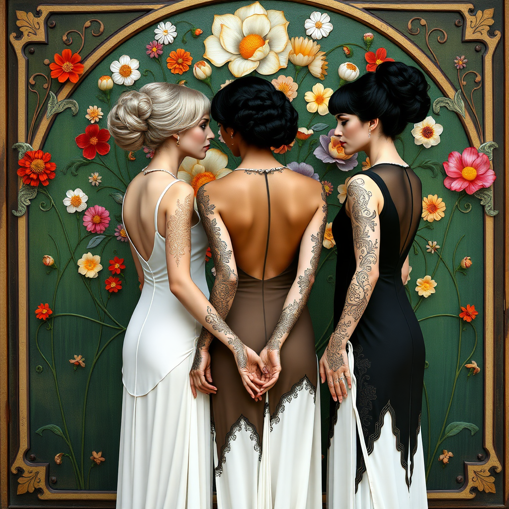 Prompt by picture with: In the Max Klimt style. Women (one is blonde and two are black-haired) with filigree henna tattoos on their hands and arms stand in front of an Art Nouveau relief with many small colorful flowers painted on a green background. They stand in a circle and hold each other's hands. They have very, very white skin. The hairstyles are updo hairstyles in Art Nouveau.