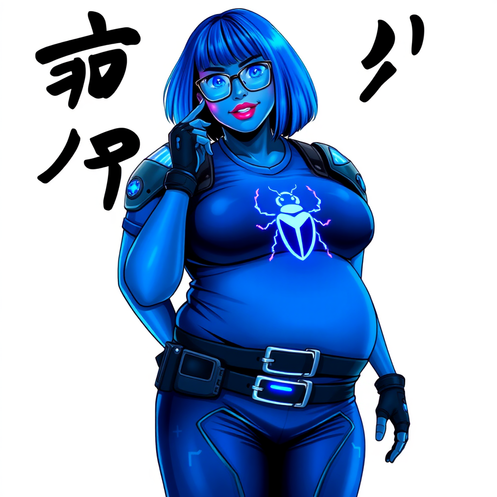 A 28-year-old, full-figured, metallic maximum blue (5PB 5/10) skinned computer program hybrid with a maximum blue bob cut. She has a non-athletic build, highlighted by a prominent, round, large midsection (with emphasis on her round belly), which shows the effects of her love of junk food acquired from her boyfriend. As the full-figured, nerdy, digital sidekick to her cyberpunk vigilante boyfriend, her metallic maximum blue skin and maximum blue lipstick (5PB 5/12) emphasize her digital nature. Her skin has a subtle, animated glow, with digital patterns occasionally flickering across it, making her digital nature obvious. She wears a digital, computerized, superhero costume, consisting of a massive, tight-fitting, maximum blue t-shirt (5PB 5/12) made out of advanced nanotech with a neon blue chest icon of a beetle, hi-tech shoulder pads with neon blue accents, a black hi-tech belt with a digital neon blue glowing buckle, digital maximum blue biker pants (5PB 5/12) with neon blue accents, and black hi-tech fingerless biker gloves with neon blue glowing accents. Her neon blue glowing eyes, black eyeglasses with neon blue glowing lenses equipped with a built-in HUD, and bashful smile with neon red blush accentuate her nerdiness. She stands bashfully with one hand behind her back and the other hand gently touching her cheek, her costume covering all her skin (especially her midsection) and emphasizing her full figure (especially her round belly). She is clearly non-athletic, with a focus on her full-figured physique. Despite her build, she radiates beauty. She has a slim face compared to her physique, accentuating her radiant beauty. She is on a solid white background. She is drawn as if she were in a retro 2D cyberpunk fighting game.