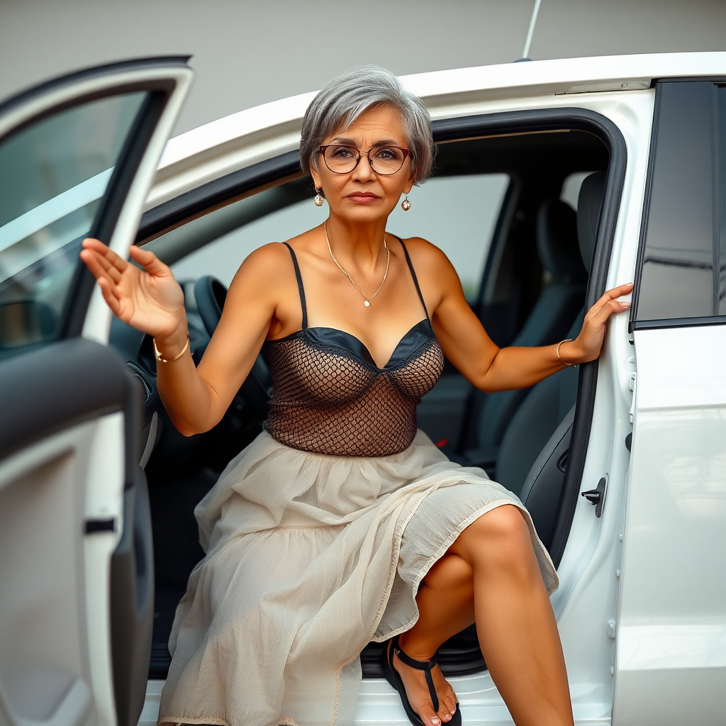 a towering 55 Years old, fit, slim, European, Latina, sharp aquiline nose, wrinkles, high cheekbones, Middle Eastern, Skinny, Tanned skin, Dark light skin, Rounded Medium breasts, Skinny thighs, full Makeup, jewelry, Serious face, Sharp nose, Ash hair, short bowl haircut, Brown eye color, Glasses, with detailed features. she is wearing brown mesh transparent tant top, black balconette bras and transparent white linen rolled up skirt, detailed fabric. full body, high heels sandals, inviting the viewer in her VW white Polo V, long establishing shot,