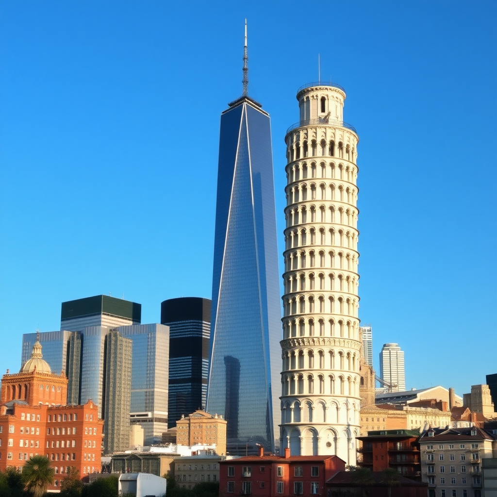 Create a photo of New York with the One World Trade Center in the style of the famous Leaning Tower of Pisa.