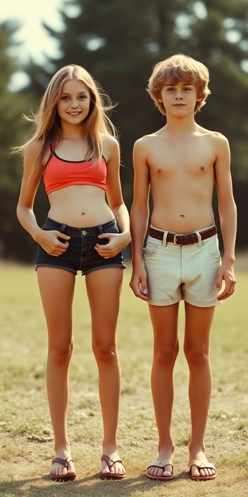 teen girl and boy, skinny, slender physique, wearing micro-shorts, full length view, vintage, 1970s