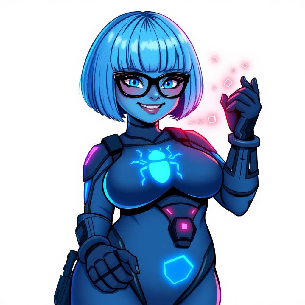 A full-figured 29-year-old computer science major, now transformed into a full-figured, maximum blue skinned nerdy digital sidekick for a cyberpunk vigilante, with maximum blue skin. Her bob cut seamlessly blends with her skin, forming part of her data, and her neon blue eyes glow intensely. Her full figure is defined by a prominent, round, wrecking ball-sized midsection, sequoia-sized limbs, and broad shoulders. As a loyal and supportive sidekick, she plays a crucial role in their missions, using her digital skills to assist and protect.

She wears a digital, computerized bodysuit that blend with her hair and skin (appearing to merge together as computer data), featuring the same maximum blue shade and a neon blue glowing beetle chest icon, along with matching high-tech gloves. She bashfully giggles with a neon red blush, emitting neon blue data cubes from her body, set against a solid white background. Heavily pampered by her doting boyfriend, her full figure clearly shows this care. She has the ability to hack into computers and machines, and her nerdiness is blatantly obvious with her black oversized eyeglasses. Her full figure (especially her wrecking ball-sized midsection) is prominently displayed and heavily emphasized. Her outfit is influenced by DC’s Jennifer Knight Phantom Lady but remains distinct. She is drawn as if she was in a retro 2D cyberpunk fighting game. Ensure her skin tone is distinct from Inside Out's Sadness from any other character. Her proportions are bloated to emphasize her full figure.