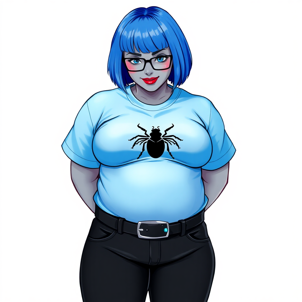 A 28-year-old, full-figured, metallic middle gray skinned computer program hybrid with a short maximum blue bob cut. She has a non-athletic build, highlighted by a prominent, round midsection (with a focus on her round belly). As a digital sidekick to her cyberpunk vigilante boyfriend, her middle gray metallic skin and maximum blue lipstick emphasize her digital nature. She wears a large, tight-fitting, maximum blue t-shirt (accentuating her belly) with a black chest icon of a beetle on its chest, black pants, a black belt with a sapphire scarab buckle, and black gloves. Her bright blue eyes, black eyeglasses, and shy smile with neon red blush accentuate her nerdiness. She bashfully bows her head (while still facing the screen) with her hands behind her back, her t-shirt covers her midsection (especially her belly) and emphasizing her full-figured, non-athletic physique. She is on a solid white background. She is drawn as if she was in a retro 2D cyberpunk fighting game. She is clearly non-athletic, with a focus on her full figure. Make sure her outfit covers all of her bare skin (especially her midsection).