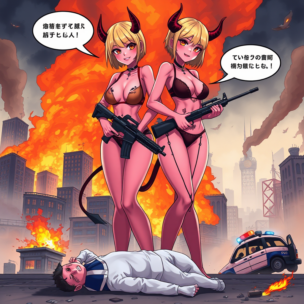 Anime, city on fire background, 2 mischievous tall-slender demon women, short blond hair, wearing sexy-micro bikini-bra-like clothing, micro g-string bikini, Womb tattoo on belly, mischievous wicked smile, large breasts, full body, long legs, looking at viewer, speech bubble with a burning city, holding rifle, down below is 1 white police human male on the floor dead, a building crumbling and exploding, a police car being flipped and on fire