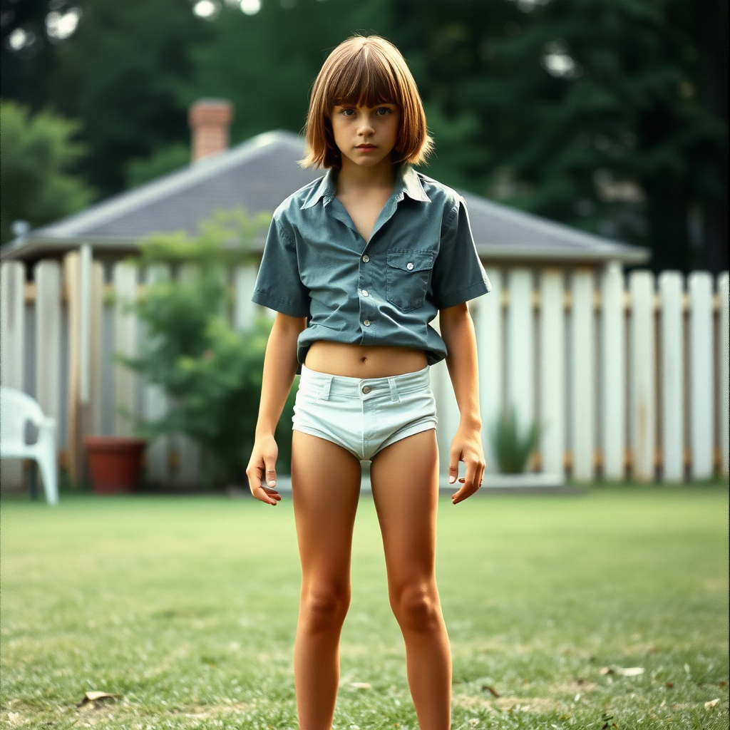 tall 14yo teen boy, long hair bob cut, wearing shirt and very tight booty shorts, long legs, narrow thighs, full-length front view. 1970s. Playing at backyard. photorealistic, ultra high resolution, 16K, Negative: grainy, blurry, bad anatomy, extra limbs, watermark.