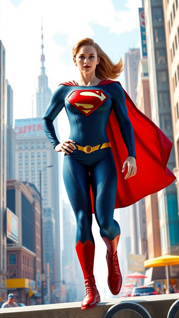 Create a photorealistic full-length render of Superman, featuring the female figure of Elastigirl while keeping his head and hairstyle intact. Modify Superman's iconic costume to fit the new figure, blending elements from both characters. The background should combine iconic aspects from Superman's Metropolis and the vibrant, playful environment of Elastigirl’s world, creating a seamless integration of both settings. Emphasize the superheroic demeanor, capturing strength and agility within the design while maintaining a bright, dynamic atmosphere.