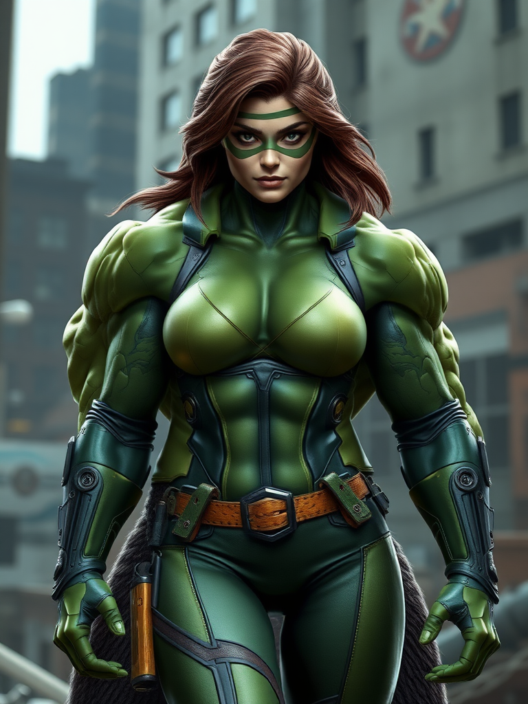 Create a hyper-realistic rendering of Marvel Comics character Rogue with the body type of The Hulk. Maintain Rogue's head as it is but modify her body to reflect The Hulk's silhouette, ensuring a seamless integration. The background should be an environment that authentically fits both Rogue's and The Hulk's settings, blending elements that complement their unique attributes and histories. Focus on capturing the distinctive features, such as Rogue’s iconic costume and The Hulk’s muscular build, to enhance realism and personality.