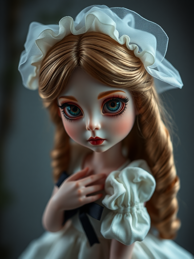 Alice in Wonderland, ooak art doll, artist doll, realistic doll, life-like porcelain doll, unique personality, stunning eyes, bisque doll, portrait photography, low key lighting, dept of field, studio photography, full body shot, lively pose