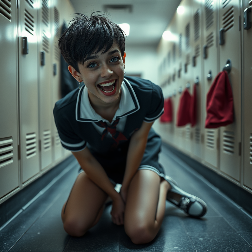 photorealistic, ultra high resolution, 16K, surreal fantasy, soft studio lighting, a pretty 17 year old goth male, slim male physique, short dark hair, blue eyes, goth makeup, earrings, sheer pantyhose, UK girls-school uniform, Mary-Jane shoes, kneeling on the floor of the locker room looking up at the camera, excited open mouth smile, drooling saliva, facing the camera.