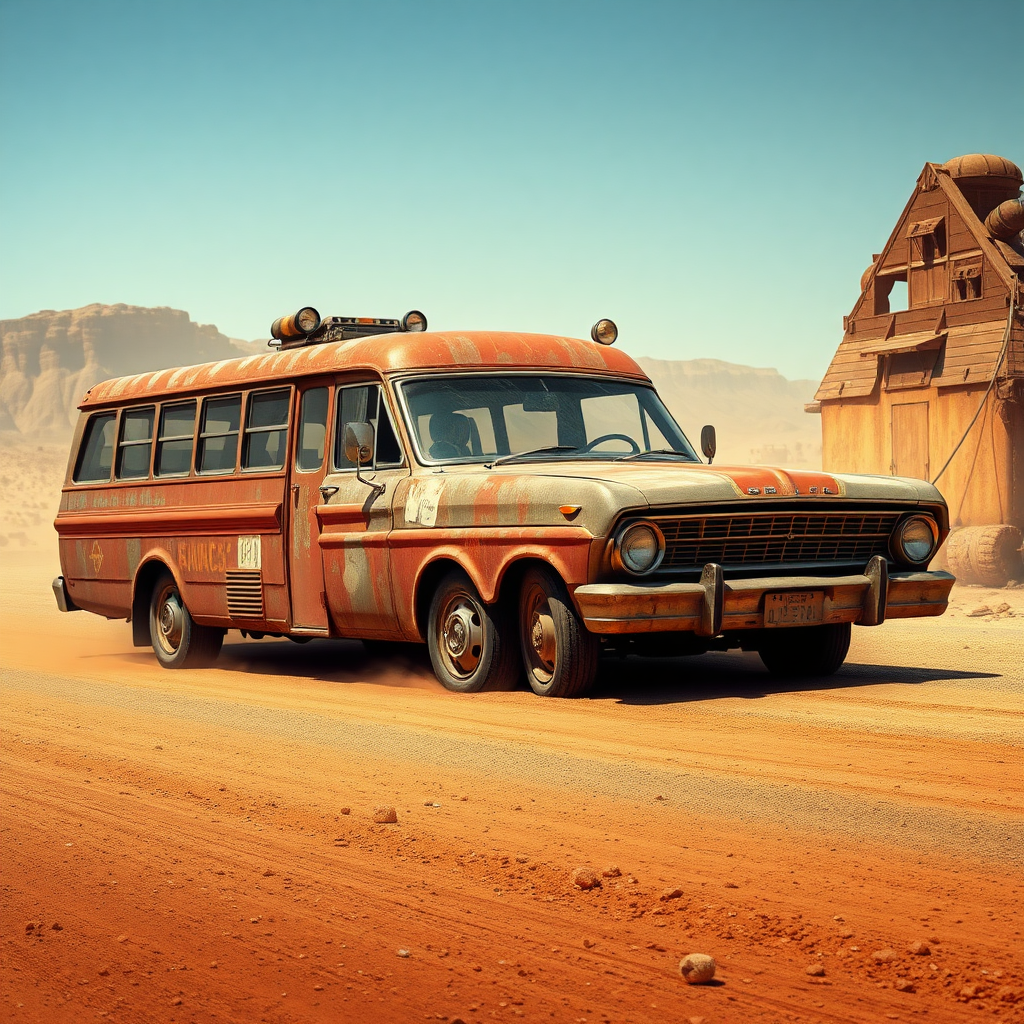 Ford Falcon Mad Max post Indian apocalyptic dust rusty zombie the bus is parked on the side of the road, inspired by Taiyō Matsumoto, tumblr, restomod, nd4, c4