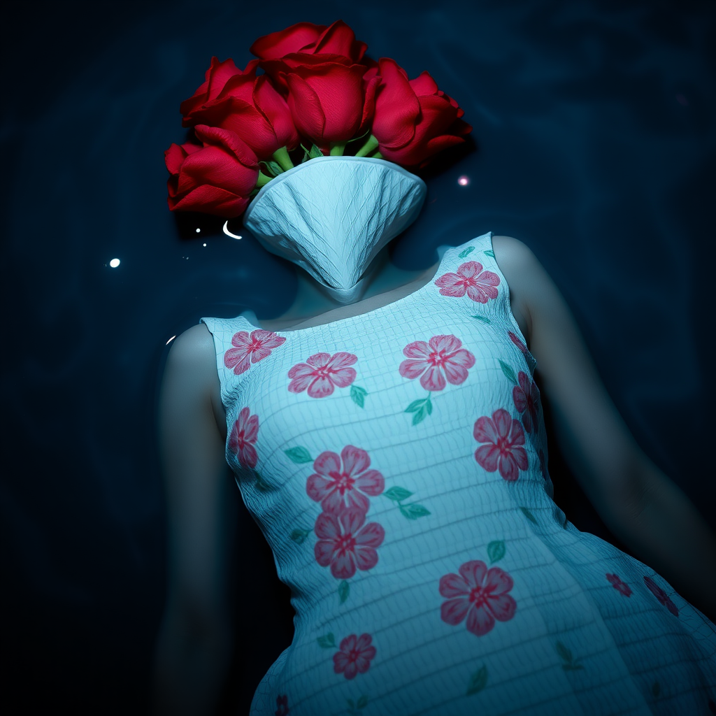 A red rose bouquet head, no human, front view, wearing a white textured dress with pastel minimal floral print design, closeup shot, hyperrealistic, lying inside water with blue and pink effect, nighttime, dark