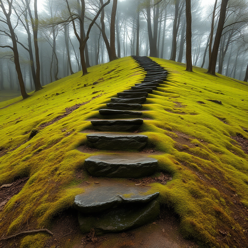 stepping stones leading up a hill that is overgrown in moss, trees, mist, raw photo, realistic, wide shot