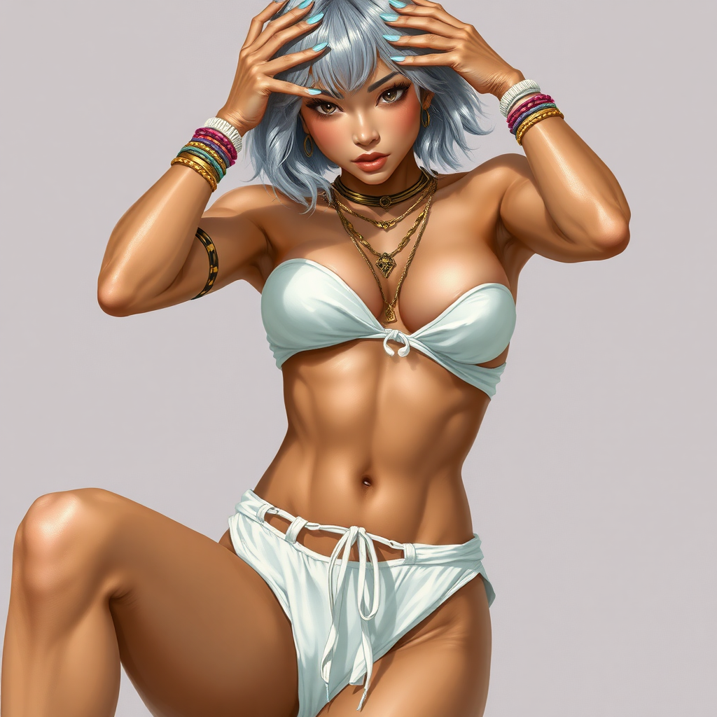 Girl, toned and muscular and has abs. short silvery flowing hair. Her fingers and toenails are painted sky-blue. Her attire consists of a white primitive scant revealing two-piece bikini-like outfit with pale red, sky-blue, gold and purple bands on her neck, arms, wrists, shins, and ankles. Tan skin. Asian face. Sexy exaggerated pose. Hands covered by head, exposing armpits. fantasy painting high contrast, well-drawn, highly detailed, and beautiful rendering.