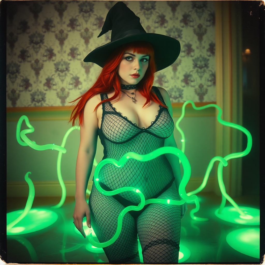 An old polaroid photo with heavy dark vignetting and a color tint to the photograph and visible light leaks. The photo depicts a sexy alt goth girl with pale skin and red hair. She has a plump booty. She has large breasts with ample cleavage and is wearing a black fishnet bodysuit. She is wearing a witch hat. She is surrounded by glowing translucent green vine coming out of magic bright glowing pools of water on the floor, wrapped around her arms and legs. She is straddling a green vine between her legs. The image looks hazy and grungy. She is in an old house with wallpaper on the walls.