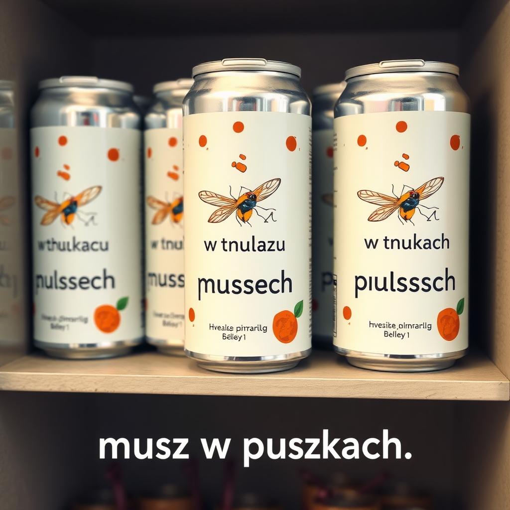 a small shelf with cans that have an image of home fly on the label and text saying "musz w puszkach", the text should say "musz w puszkach" with no errors