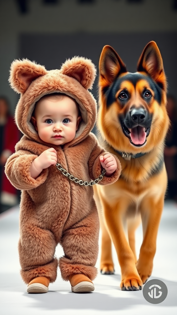 A cute small chubby fair baby with big eyes, pink lips, and pink cheeks, wearing a furry cozy dog costume, is doing a ramp walk in a fashion show alongside a real German shepherd dog. The baby is holding the dog's collar chain in a cinematic style.