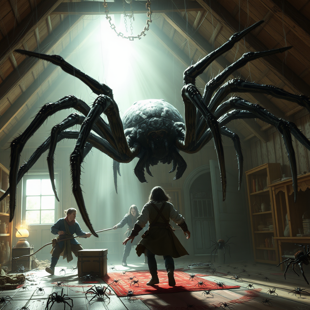 a spider queen as big as a human, the bright attic of a farmhouse, and several adventurers getting stabbed by sharp legs. One adventurer fleeing through a doorway only to be caught by webs. shelves knocked over with goods spilled. digital matte painting. smaller spider swarms everywhere.