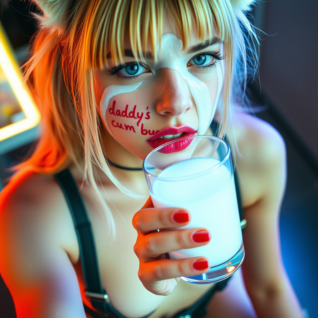 Full body in frame, high POV, Real life photo of a cyberpunk girl, she has “daddy’s cum bucket” written on her skin with lipstick. She is holding a glass of translucent white slime under her chin, she has fox ears, tiny cropped tee, wearing g-string thong, suspenders and chunky thigh boots, her face is covered in clear slime.