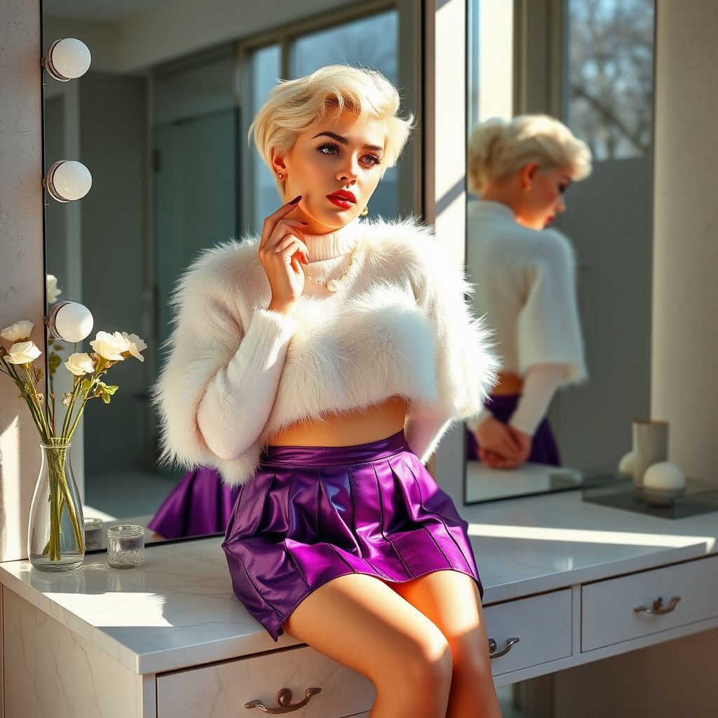 Sunny spring morning, modern glass-steel-concrete dressing room, vanity table with mirror: Nina, 17 years old very convincing femboy, tamed servile docile, very beautiful feminine flawless face, rather short, by hormones very curvaceous womanly figured, platinum blond short tight curls, bold red lips, heavily made-up face, wearing Supertanya-style fluffy very fuzzy bright white angora turtleneck-poncho cropped ending under bust, purple vinyl pleated mini-skirt, bright red pumps with golden very high heels, white pearl belly piercing, gold earrings, hands tied behind back, pout frustrated, looking at mirror applying lipstick. Focus on face and turtleneck-poncho.