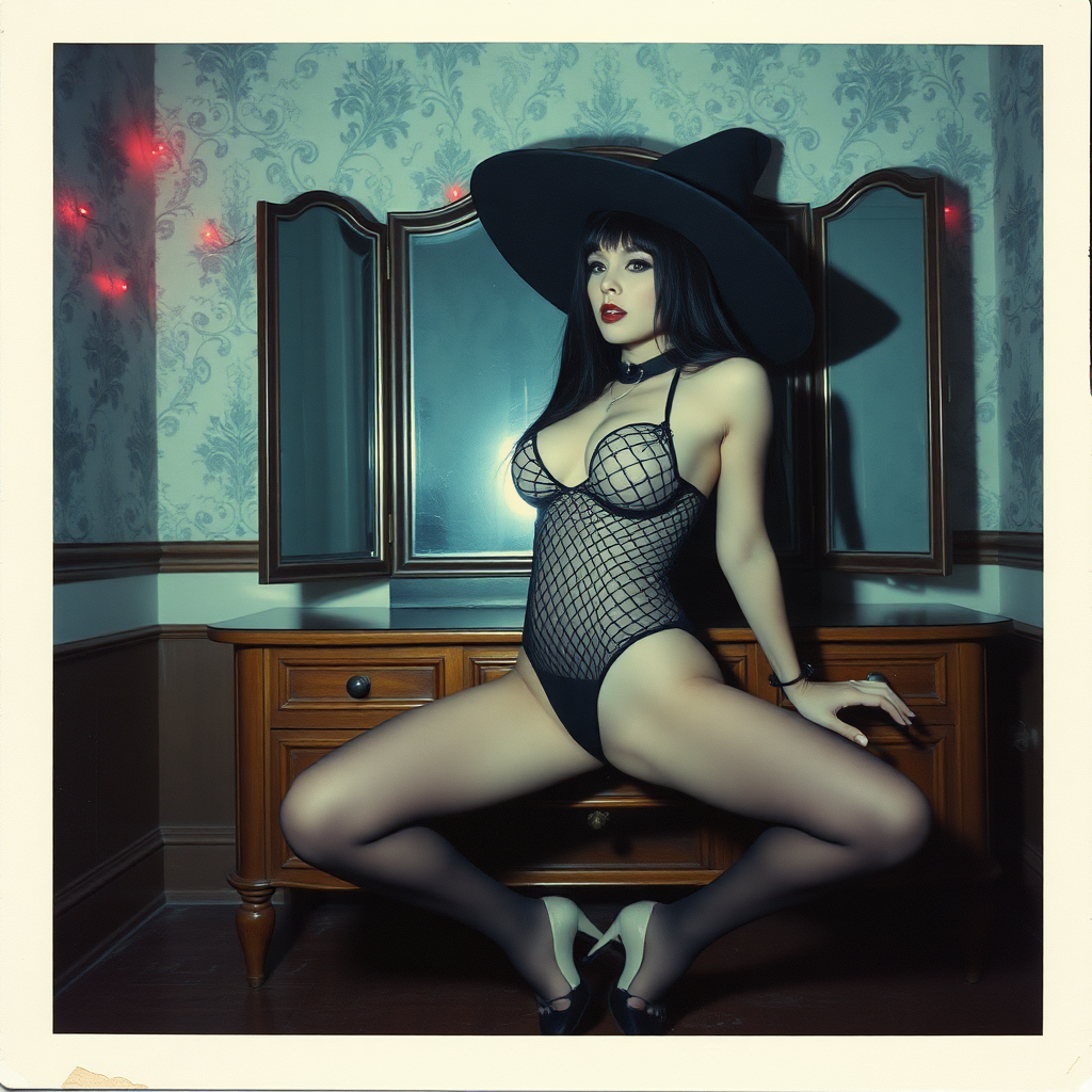 Scan of an nsfw old polaroid photograph with visible wear and heavy vignetting and blue color tint and light leaks, depicting a sexy pale curvy alt goth girl with black hair wearing skimpy fishnet black bodysuit and gstring revealing her nipples and wearing black stockings and high heels, sitting on a builtin vanity with mirror in old house with wallpaper on walls with her knees spread apart. Camera flash used. Dark lighting. Moody and hazy. Grunge look. Erotic. Nude. Pink Christmas Lights on wall. She is wearing a witch hat.