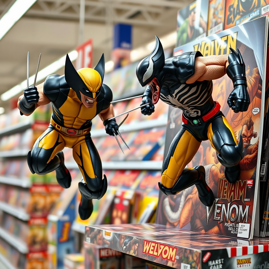 Jumping out of a Comic book cover on a store shelf is Wolverine and Venom with in Cinematic Real3D photo-realistic quality.