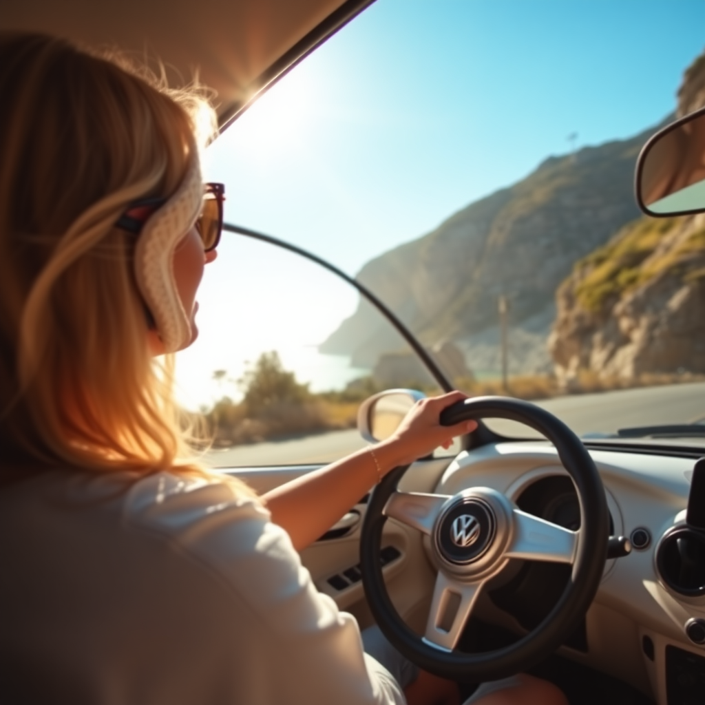 pretty blonde woman driving a vw beetle in the sun on a coast road