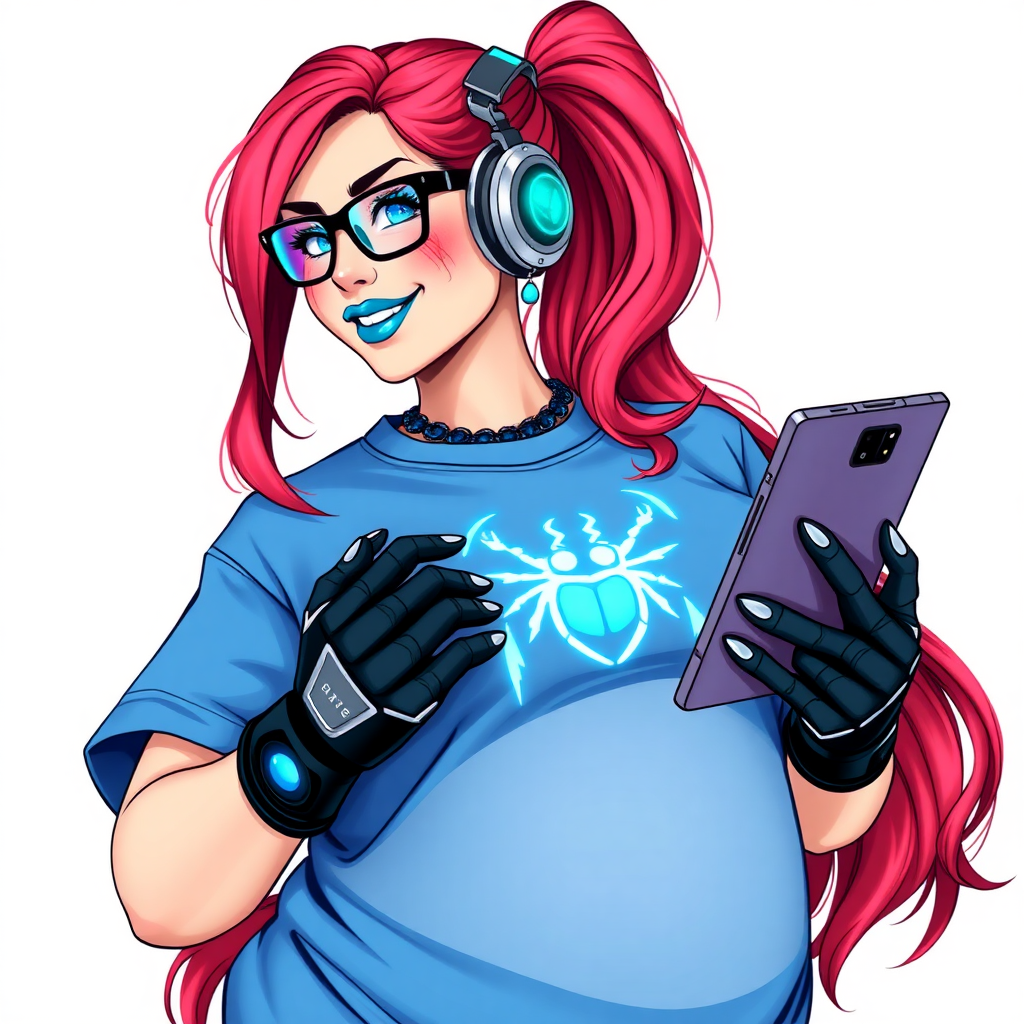 An intelligent and tech-savvy 29-year-old computer hacker and tech genius. She has a long ruby red ponytail. She wears maximum blue lipstick, blue eyes, a sapphire beetle gemstone necklace, sapphire earrings, black eyeglasses, hi-tech power gloves, and an oversized maximum blue t-shirt featuring a neon blue glowing beetle chest icon. She has a gargantuan full-figured physique with a prominent round gargantuan midsection, reflecting her well-cared-for lifestyle. She sports a sapphire headset with a hi-tech maximum turquoise lensed HUD, and a beaming smile accentuated by a passionate neon red blush. She serves as his tech expert from his hideout, holding a futuristic tool wrench and a futuristic digital tablet. The background is solid white. She is drawn as if she was in a retro 2D cyberpunk fighting game.