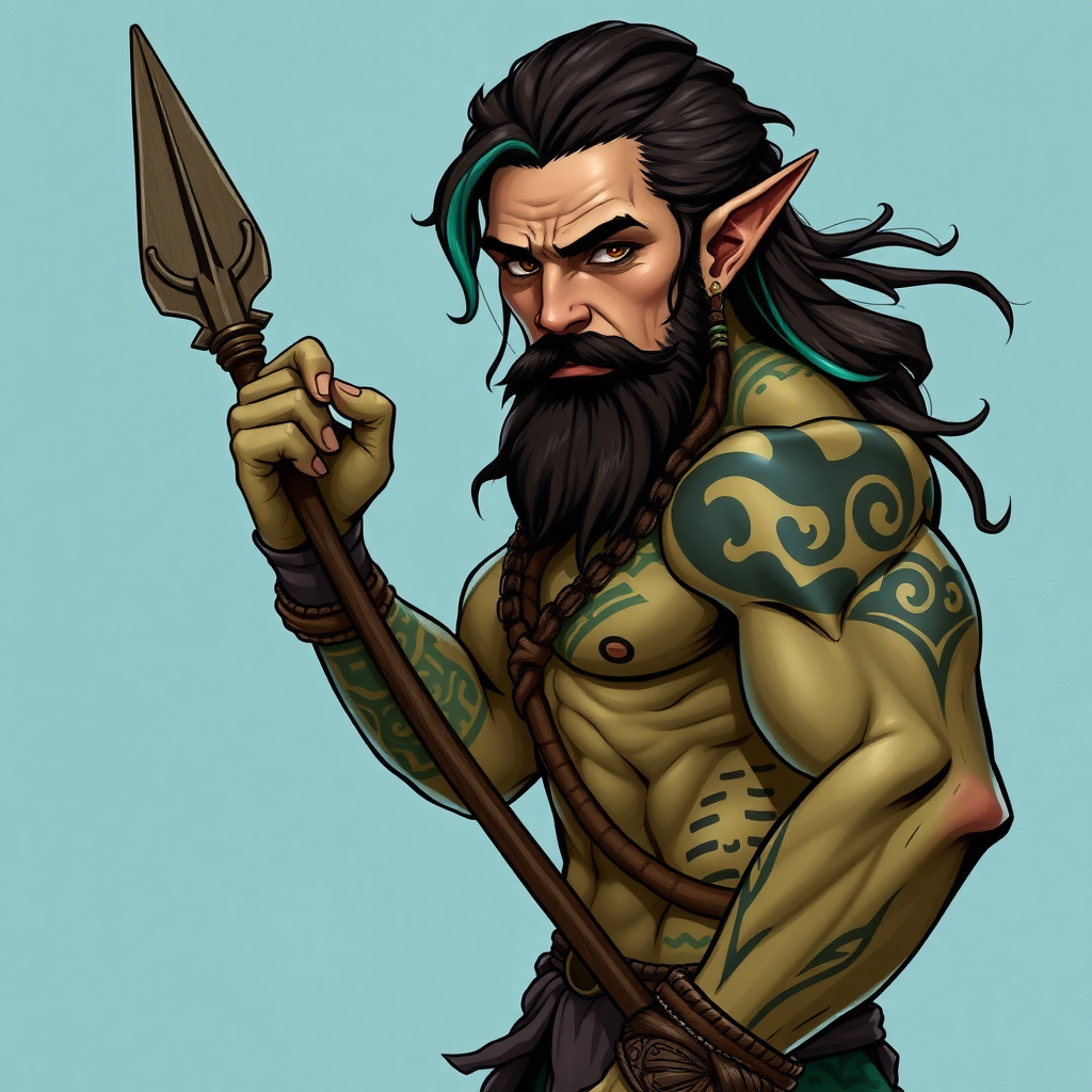 A comic style painted DND Maori Sea Elf, with a muscular body, traditional maori tattoos, olive-green skin color and he's wielding a spear, dark brown hair with teal highlights and a dark brown beard