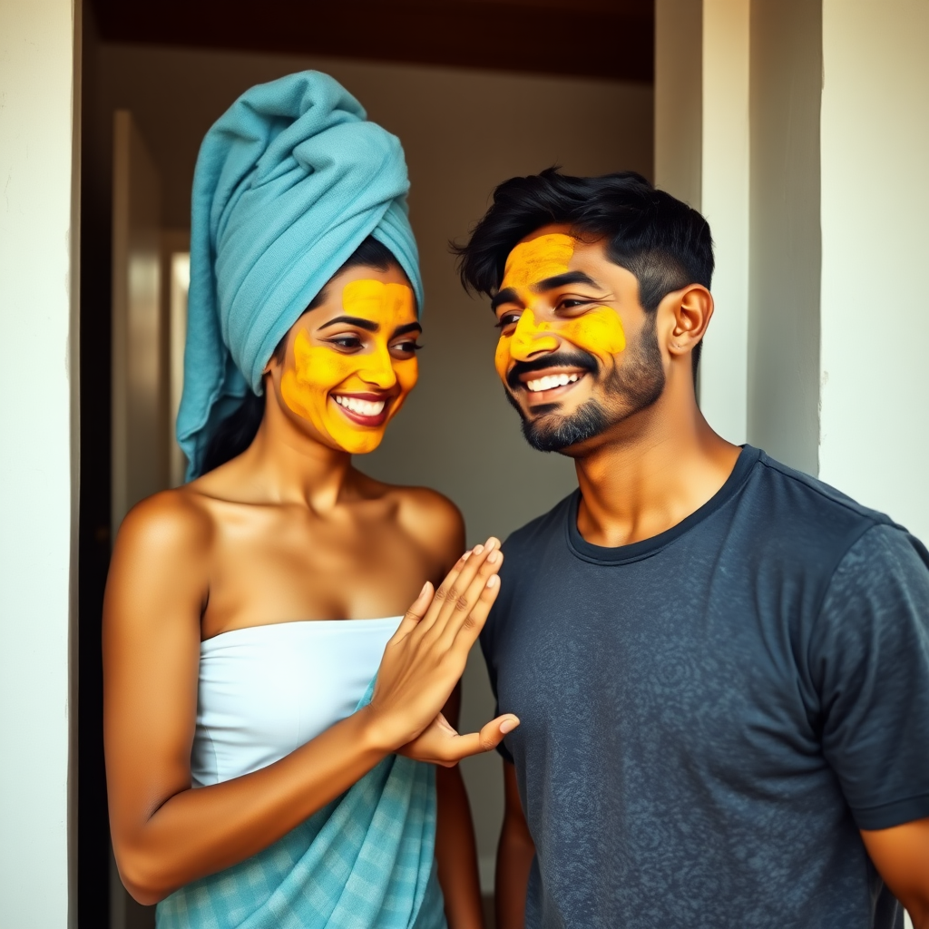 slim, 30 year old, indian wife, towel head, turmeric face mask, greeting a guest