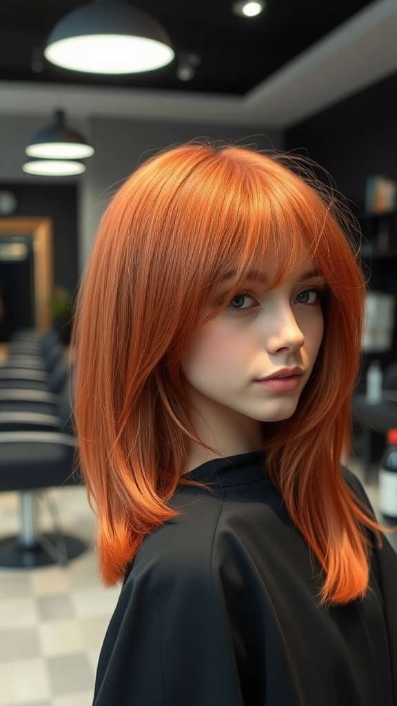 model with lop hair in orange-red color, in high definition, in the background, hair salon