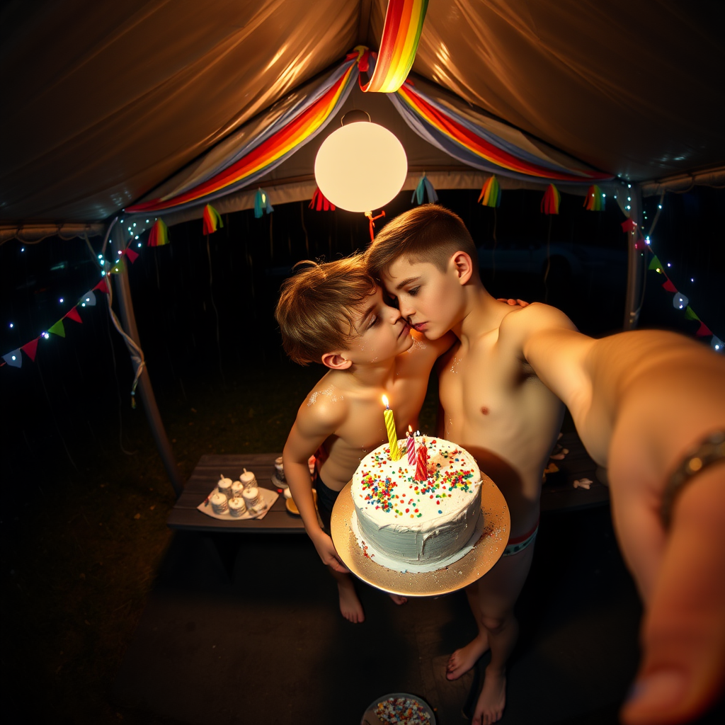 rainbow birthday party!, aerial selfie, selfie stick, night vision, friendly barefoot tween boy shirtless with adorable hair and freckles kissing his brother, they are sticky with smashed birthday cake and icing like runny white mucous, shirtless and in tiny little fitted trunks, alone celebrating in a dark rainy picnic shelter at midnight, winking at the camera, rainbow decorations