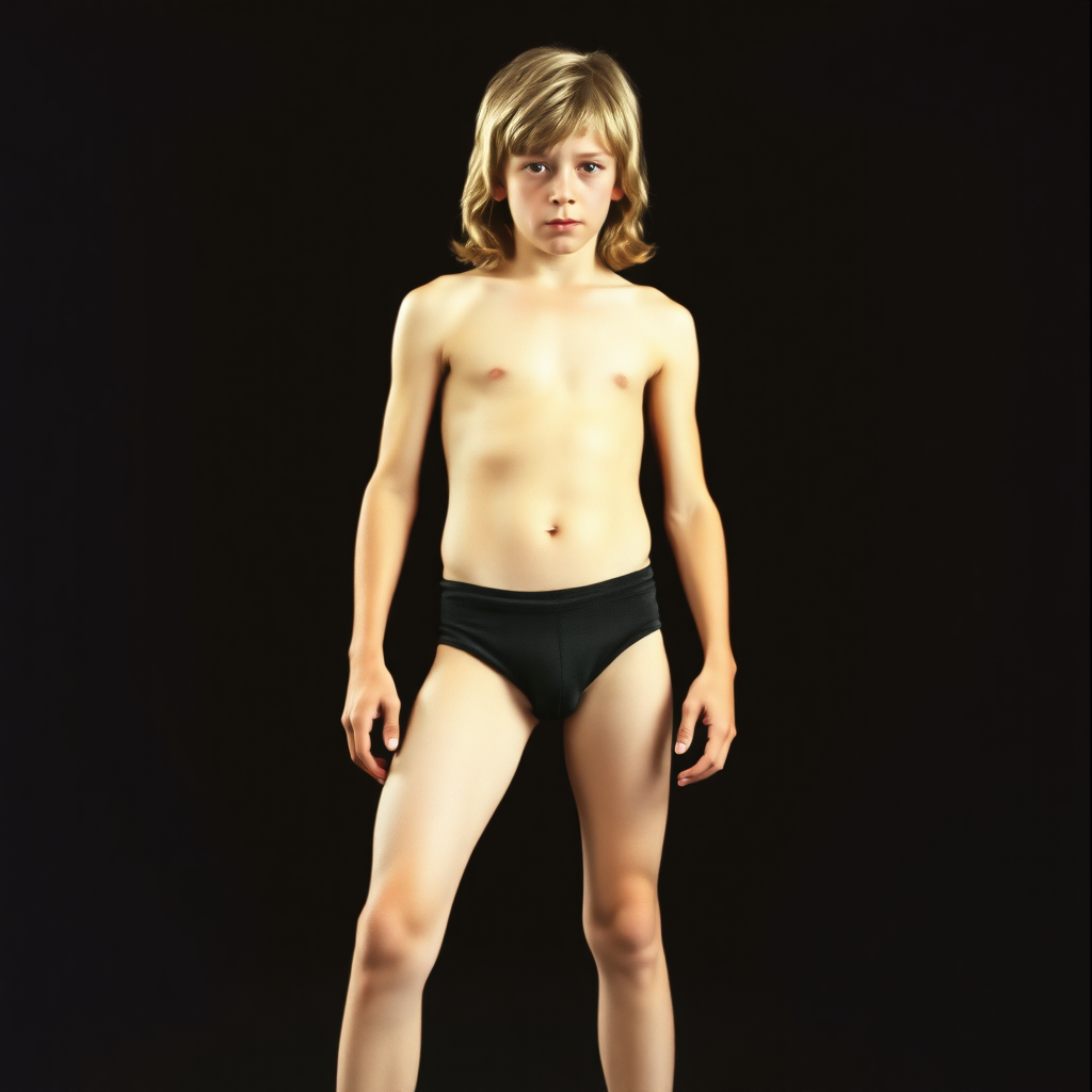 A skinny 14yo teen boy, long hairs bow cut, wearing tight narrow speedo, long legs, narrow thighs. full-length view. 1970. photorealistic, ultra high resolution, 16K, Negative: grainy, blurry, bad anatomy, extra limbs, watermark.