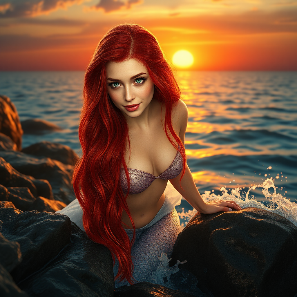 A highly detailed, photorealistic image of a beautiful red-headed mermaid gracefully emerging from the ocean onto rugged rocks. Her long, flowing red hair cascades over her shoulders, glistening with droplets of seawater. She has captivating green eyes and shimmering scales that reflect the golden hues of the sunset. The scene is bathed in warm, golden light as the sun sets, casting a mesmerizing glow on the tranquil sea and sky painted with vibrant shades of orange, pink, and purple. Waves gently crash against the rocks, and delicate sea spray adds a dynamic element to the composition. The image should have cinematic depth, ultra-high resolution (8K), and showcase intricate details with realistic textures and dramatic lighting.