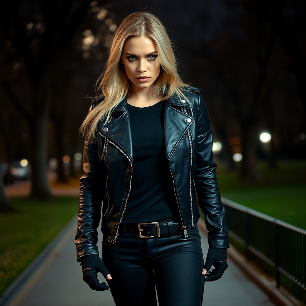 A beautiful blonde angry female burglar in black leather jacket over black t-shirt with black pants and gloves in Manhattan park at night.