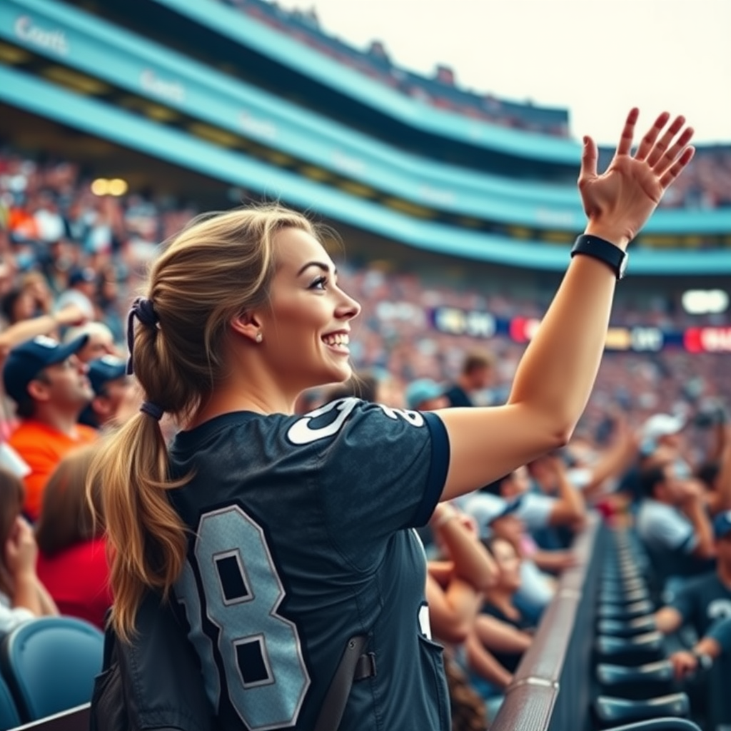 Attractive female NFL fan is cheering, pigtail hair, stadium bleacher row, crowded, bottom angle shot