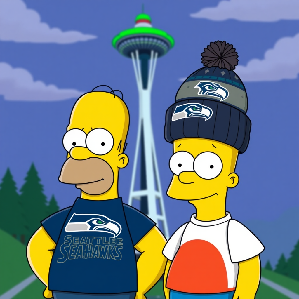 Homer Simpson and Bart Simpson wearing Seattle Seahawks t-shirt and beanie, with the Space Needle in the background.