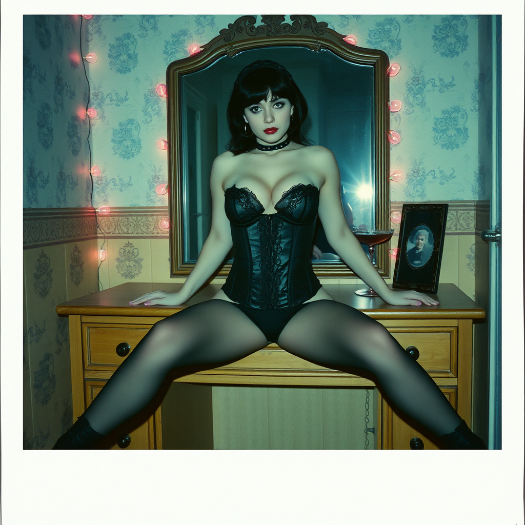 Scan of an nsfw old polaroid photograph with visible wear and heavy vignetting and blue color tint and light leaks, depicting a sexy pale curvy alt goth girl wearing a black lace cupless underbust corset revealing her nipples and wearing black stockings and high heels, sitting on a builtin vanity with mirror in old house with wallpaper on walls with her knees spread apart. Camera flash used. Dark lighting. Moody and hazy. Grunge look. Erotic. Nude. Pink christmas lights on wall