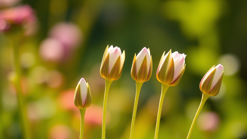 Create a lifelike image of beautiful wildflowers with flower buds. Five buds are arranged naturally to the side, with one bud placed on each stem. The background is out of focus, and sunlight is shining naturally.