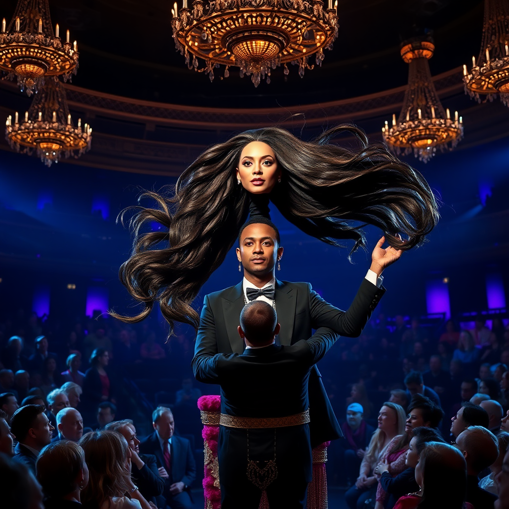 In the center of a grand, dimly-lit theater, illuminated by a spectacular array of shimmering chandeliers, a magician captivates the audience with a stunning display of illusion. Atop an ornate velvet display stand rests the glamorous head of Beyoncé, her radiant complexion and striking features enhanced by glimmers of stage lighting. Her remarkably long hair cascades elegantly, flowing like a waterfall of rich, dark silk, and the strands glisten with hints of gold as they catch the soft light.

The magician, a charismatic figure dressed in a sleek, tailored black tuxedo adorned with sequined accents, holds up the luxurious mane with a flourish, spreading it wide for everyone to admire. The air is charged with suspense as he expertly manipulates the hair, twirling it gracefully around his fingers, creating mesmerizing shapes that seem almost alive. The audience, consisting of enraptured spectators of all ages, leans forward in their seats, eyes wide with astonishment and delight, gasping at the breathtaking spectacle unfolding before them.

The atmosphere is electric with anticipation, punctuated by the faint rustle of silk and the soft rhythm of the magician's movements. A series of enchanting music notes rises from concealed speakers, harmonizing perfectly with the visuals, enhancing the wonder of the performance. The vivid colors of the stage, from deep blues to striking purples, create an otherworldly backdrop, setting the scene for this extraordinary moment of magic and beauty.