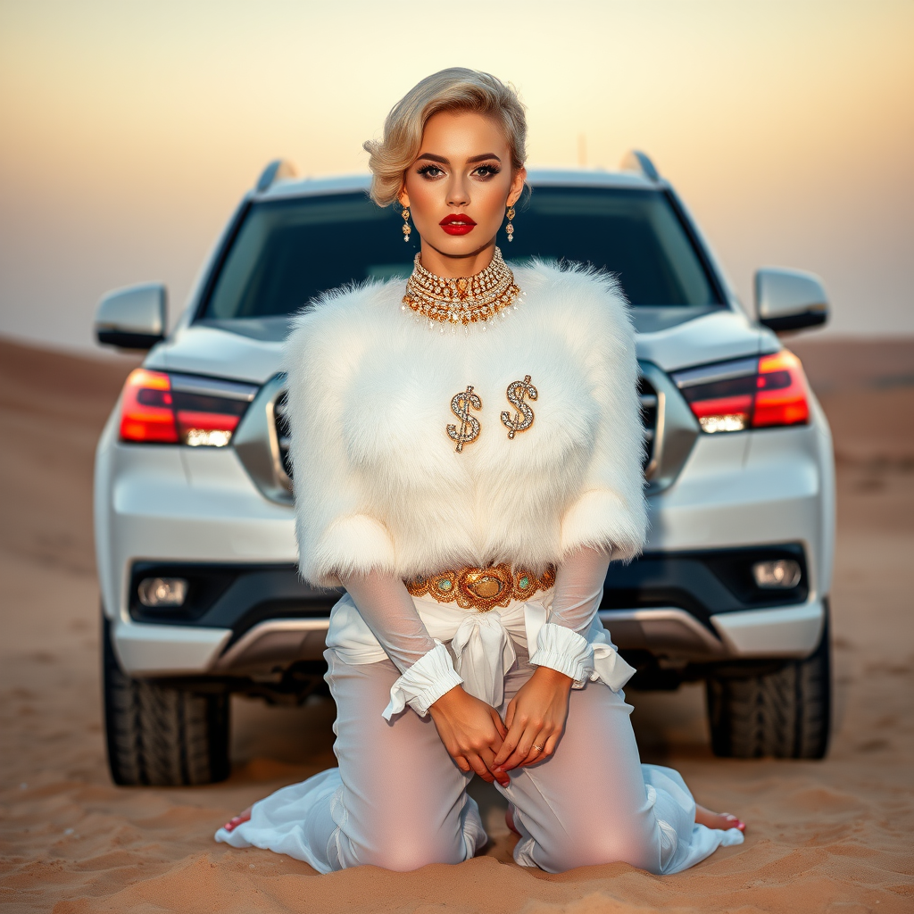 Kuwait desert dunes misty dawn, full size luxury SUV: Melissa, European 17 years old very convincing femboy “trophy-bimbo”, tamed servile docile, very beautiful feminine flawless face, rather short, by hormones very curvaceous womanly figured, platinum blond short tight curls, bold red lips, heavily made-up face, wearing Supertanya-style fluffy very fuzzy bright white angora turtleneck-poncho cropped ending under bust decorated with pearls and gemstones, striking oriental wide gold bridal protection belt, white fully transparent harem pants, full Oriental bridal jewelry including headpiece, nose-ring, coin anklets, striking diamond “$$$” letter brooch on left chest, pout frustrated, hands tied behind back, kneeling in sand in front of SUV, looking at camera. Focus on face and turtleneck-poncho.